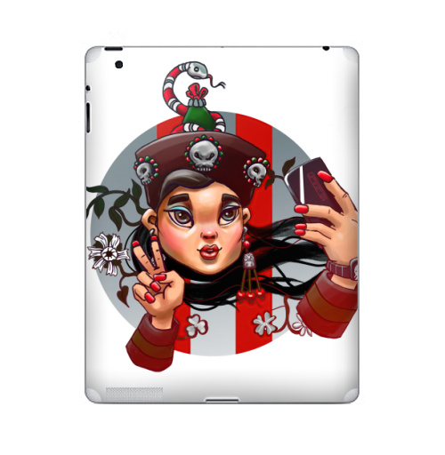 Наклейка на Планшет Apple iPad Гуччи гёл,  купить в Москве – интернет-магазин Allskins, стритарт, Гучи, гуччи, девушка, красный, селфи, цветы, змея, череп