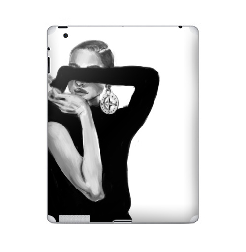 Наклейка на Планшет Apple iPad Девушка с сережкой,  купить в Москве – интернет-магазин Allskins, девушка, модели, черно-белое, сережка, компас, мода