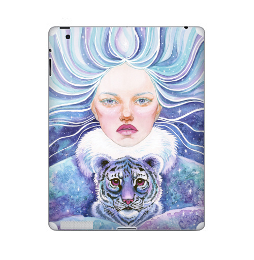 Наклейка на Планшет Apple iPad Девочка с тигрёнком,  купить в Москве – интернет-магазин Allskins, полёт, голубыеволосы, мальвина, симметрия, глаз, декабрь, февраль, январь, снег, волны, волосы, голубой, детские, девушка, тигра, тигры, зима