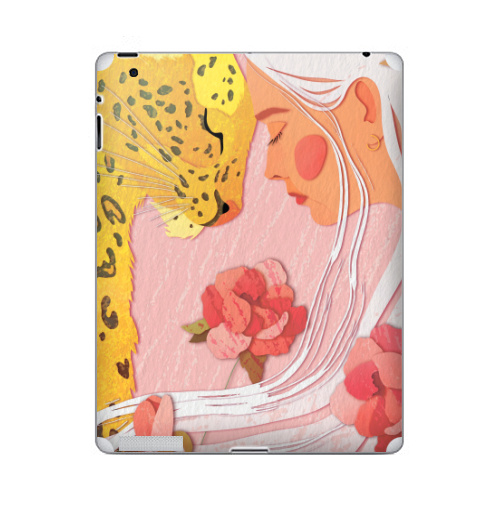 Наклейка на Планшет Apple iPad Девушка с леопардом,  купить в Москве – интернет-магазин Allskins, философские, нежно, авторскийрисунок, девушка, розовый, желтый, леопард, дикоеживотное, портреты, белокурая, блондинка, цветы