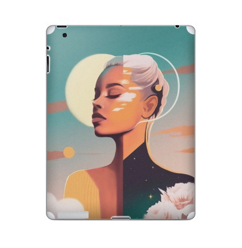 Наклейка на Планшет Apple iPad Сияющая красота, девушка солнце,  купить в Москве – интернет-магазин Allskins, ретро, желтый, изумрудный, зеленый, берюзовый, облока, пейзаж, космос, цветы, солнце, девушка