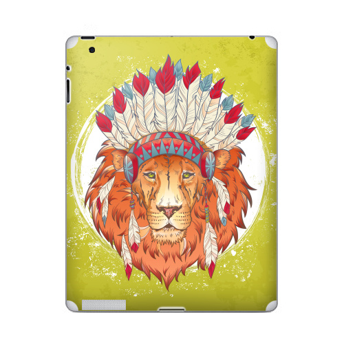 Наклейка на Планшет Apple iPad ВОЖДЬ ЗВЕРЕЙ,  купить в Москве – интернет-магазин Allskins, индеец, животные, лев, иллюстация, перья