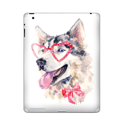 Наклейка на Планшет Apple iPad 2 / iPad 3 Модная собака,  купить в Москве – интернет-магазин Allskins, крутые животные, милые животные, мило, хаски, розовый, очки, акварель, собаки, детские