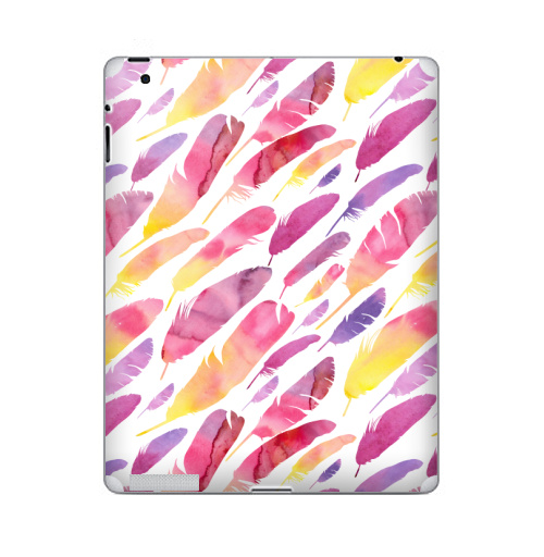 Наклейка на Планшет Apple iPad 2 / iPad 3 Акварельные перышки на белом фоне,  купить в Москве – интернет-магазин Allskins, перья, фиолетовый, сиреневый, лимонный, розовый, градиент, текстура, акварель