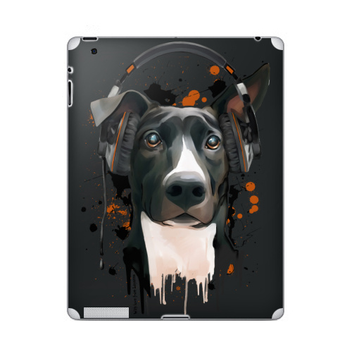 Наклейка на Планшет Apple iPad 2 / iPad 3 Пёс меломан,  купить в Москве – интернет-магазин Allskins, крутые животные, собаки, веселый, черный, животные, меломан, музыка, милые животные