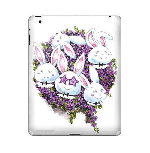 Наклейка на Планшет Apple iPad 2 / iPad 3 Позитивные зайчики,  купить в Москве – интернет-магазин Allskins, милые животные, акварель, животные, прикольные_рисунки, цветы, букет, заяц, зайчонок, рокнролл, фиолетовый