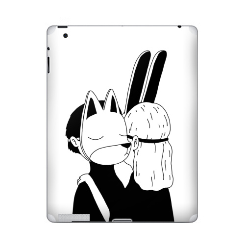 Наклейка на Планшет Apple iPad 2 / iPad 3 Лис и зайка,  купить в Москве – интернет-магазин Allskins, черное и белое, заяц, лиса, любовь