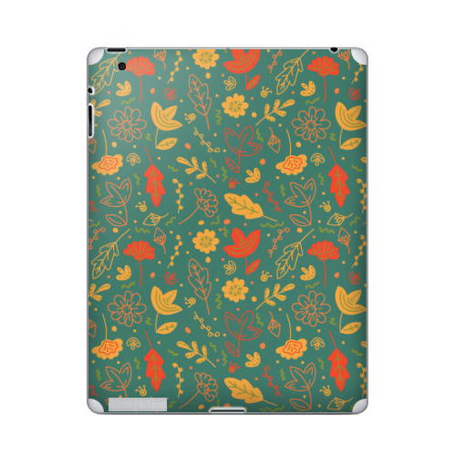 Наклейка на Планшет Apple iPad 2 / iPad 3 Цветы и листья в стиле Дудл,  купить в Москве – интернет-магазин Allskins, графика, яркий, зеленый, желтый, оранжевый, фонарь, Темная, зеленй, цветы, ветка, оражевый, осень, лето, листья, дудлы