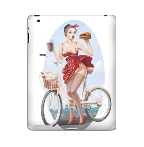Наклейка на Планшет Apple iPad 2 / iPad 3 Девушка кушает бургер на велосипеде,  купить в Москве – интернет-магазин Allskins, девушка, бургер, велосипед, гозировка, платье, пин ап, красный, губы, горошек, позитив, веселый, радость, еда