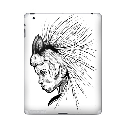 Наклейка на Планшет Apple iPad 2 / iPad 3 Женщина с дикообразом на голове,  купить в Москве – интернет-магазин Allskins, девушка, афроамериканка, Дикобраз, животные, черно-белое, графика, гравюра, женщинакошка, глаз, иглу