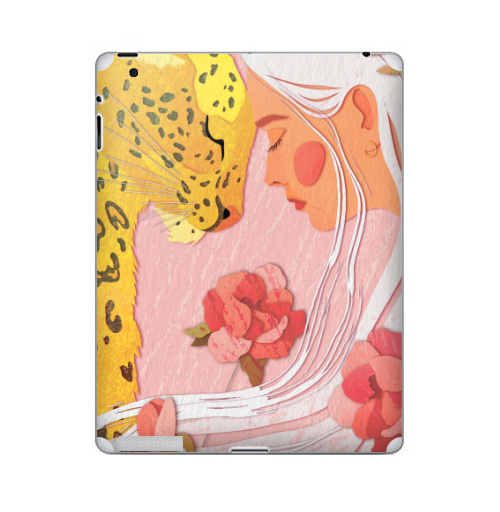 Наклейка на Планшет Apple iPad 2 / iPad 3 Девушка с леопардом,  купить в Москве – интернет-магазин Allskins, философские, нежно, авторскийрисунок, девушка, розовый, желтый, леопард, дикоеживотное, портреты, белокурая, блондинка, цветы