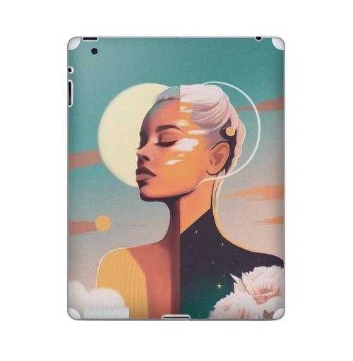 Наклейка на Планшет Apple iPad 2 / iPad 3 Сияющая красота, девушка солнце,  купить в Москве – интернет-магазин Allskins, ретро, желтый, изумрудный, зеленый, берюзовый, облока, пейзаж, космос, цветы, солнце, девушка
