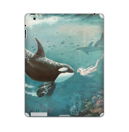 Наклейка на Планшет Apple iPad 2 / iPad 3 Орка,  купить в Москве – интернет-магазин Allskins, голубой, любовь, касатка, морская, подводная, дельфины, девушка, зеленый