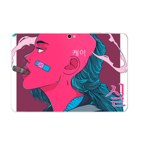 Наклейка на Планшет Samsung Galaxy Tab 10.1 (P7500) Девушка киберпанк,  купить в Москве – интернет-магазин Allskins, глаз, волосы, голова, графика, лицо, розовый, робот, Корея, дым