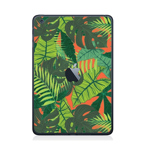 Наклейка на Планшет Apple iPad Mini c яблоком Тропический принт,  купить в Москве – интернет-магазин Allskins, дистья, монстера, монстры, птицы, цветы, текстура, паттерн, джунгли, тропики