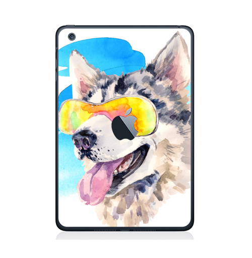 Наклейка на Планшет Apple iPad Mini c яблоком Хаски сноубордист,  купить в Москве – интернет-магазин Allskins, крутые животные, мило, животные, персонажи, собаки, хаски, акварель, детские, соба, милые животные
