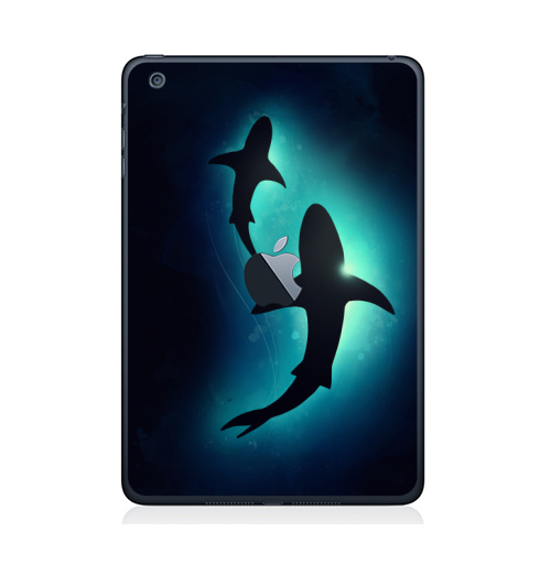 Наклейка на Планшет Apple iPad Mini c яблоком Черные акулы,  купить в Москве – интернет-магазин Allskins, брызги, акварель, иллюстация, паттерн, солнце, вода, оекан, морская, рыба, акула