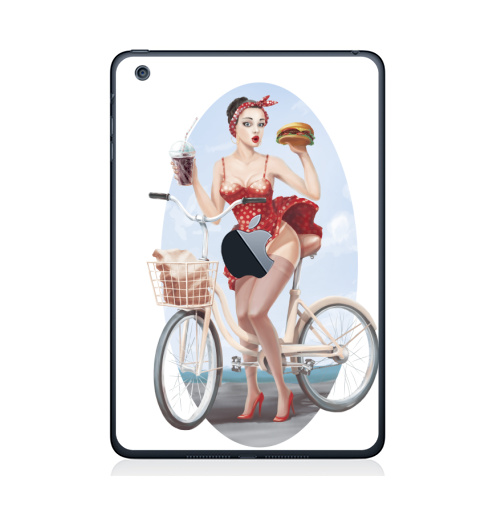 Наклейка на Планшет Apple iPad Mini c яблоком Девушка кушает бургер на велосипеде,  купить в Москве – интернет-магазин Allskins, девушка, бургер, велосипед, гозировка, платье, пин ап, красный, губы, горошек, позитив, веселый, радость, еда