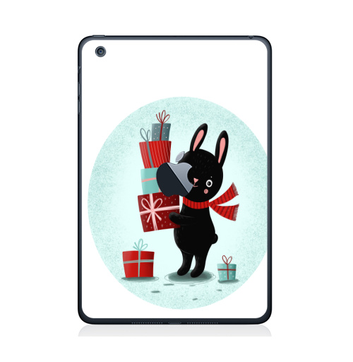 Наклейка на Планшет Apple iPad Mini c яблоком Черный кролик с подарками,  купить в Москве – интернет-магазин Allskins, кролики, заяц, читатель, новый год, символ, черный, красный, бирюзовый, символ_года, подарки