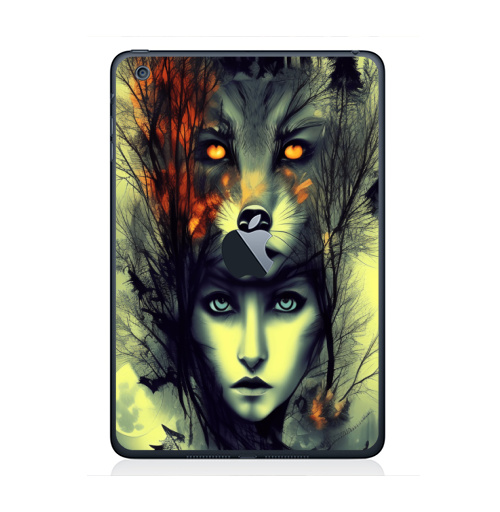 Наклейка на Планшет Apple iPad Mini c яблоком Ночные фантазии охотника.,  купить в Москве – интернет-магазин Allskins, сюрреализм, фэнтези, охота, девушка, волк, лесной, дикий, луна, огонь, читатель, психоделика, дизайнерский, модный, стильно, черный, желтый