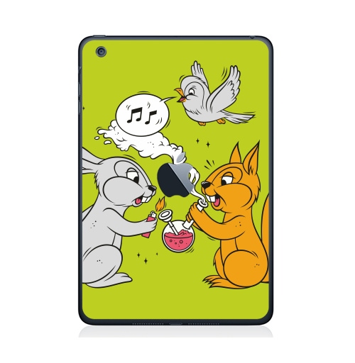 Наклейка на Планшет Apple iPad Mini c яблоком Funny friends,  купить в Москве – интернет-магазин Allskins, заяц, белка, дружба, дым, кальян, ноты, птицы