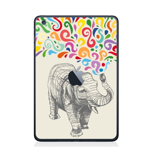 Наклейка на Планшет Apple iPad Mini c яблоком Слон,  купить в Москве – интернет-магазин Allskins, 300 Лучших работ, животные, графика, брызги, слоны, разноцветное, фонтан