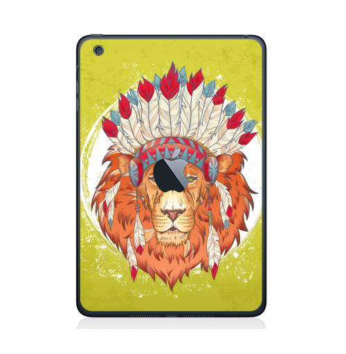 Наклейка на Планшет Apple iPad Mini c яблоком ВОЖДЬ ЗВЕРЕЙ,  купить в Москве – интернет-магазин Allskins, индеец, животные, лев, иллюстация, перья