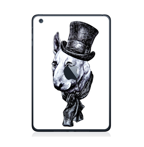 Наклейка на Планшет Apple iPad Mini c яблоком Сэр Бультерьер,  купить в Москве – интернет-магазин Allskins, крутые животные, черно-белое, животные, собаки, стимпанк, бультерьер, милые животные