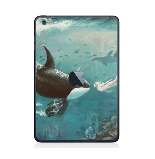 Наклейка на Планшет Apple iPad Mini c яблоком Орка,  купить в Москве – интернет-магазин Allskins, голубой, любовь, касатка, морская, подводная, дельфины, девушка, зеленый