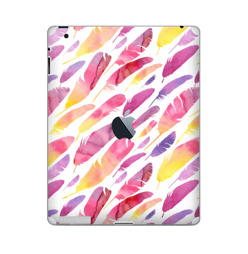 Наклейка на Планшет Apple iPad 2 / iPad 3 The new c яблоком Акварельные перышки на белом фоне,  купить в Москве – интернет-магазин Allskins, перья, фиолетовый, сиреневый, лимонный, розовый, градиент, текстура, акварель