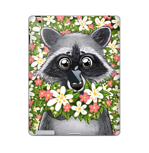 Наклейка на Планшет Apple iPad 2 / iPad 3 The new c яблоком Енот и весна,  купить в Москве – интернет-магазин Allskins, милые животные, мультфильмы, зверушки, лес, мило, животные, цветы, весна, енот