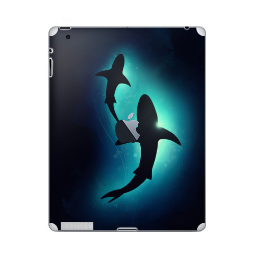 Наклейка на Планшет Apple iPad 2 / iPad 3 The new c яблоком Черные акулы,  купить в Москве – интернет-магазин Allskins, брызги, акварель, иллюстация, паттерн, солнце, вода, оекан, морская, рыба, акула