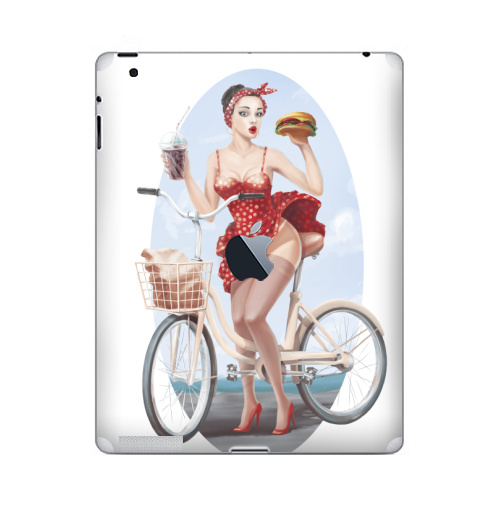 Наклейка на Планшет Apple iPad 2 / iPad 3 The new c яблоком Девушка кушает бургер на велосипеде,  купить в Москве – интернет-магазин Allskins, девушка, бургер, велосипед, гозировка, платье, пин ап, красный, губы, горошек, позитив, веселый, радость, еда