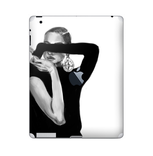 Наклейка на Планшет Apple iPad 2 / iPad 3 The new c яблоком Девушка с сережкой,  купить в Москве – интернет-магазин Allskins, девушка, модели, черно-белое, сережка, компас, мода