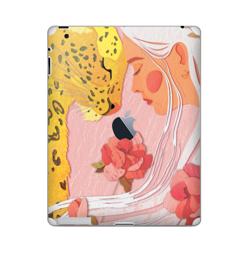 Наклейка на Планшет Apple iPad 2 / iPad 3 The new c яблоком Девушка с леопардом,  купить в Москве – интернет-магазин Allskins, философские, нежно, авторскийрисунок, девушка, розовый, желтый, леопард, дикоеживотное, портреты, белокурая, блондинка, цветы
