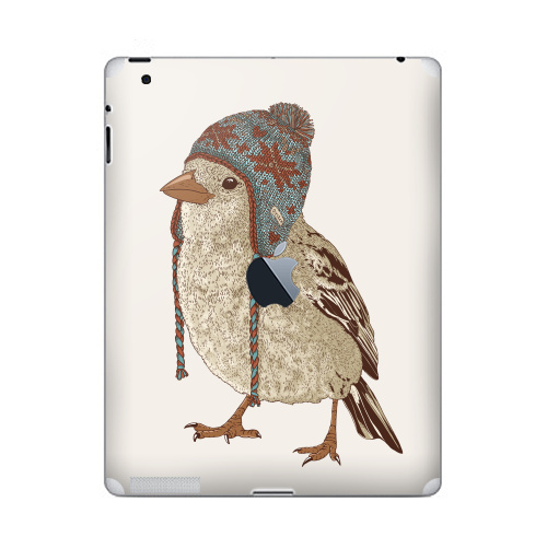 Наклейка на Планшет Apple iPad 2 / iPad 3 The new c яблоком Птица в шапке,  купить в Москве – интернет-магазин Allskins, 300 Лучших работ, пипстер, шапка, птицы, зима, новый год, коричневый, крутые животные