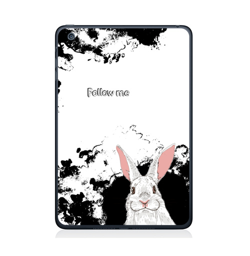 Наклейка на Планшет Apple iPad Mini 4 Следуй за белым кроликом,  купить в Москве – интернет-магазин Allskins, надписи на английском, заяц, белый, графика, надписи, черный, черно-белое, кролики, животные, зима