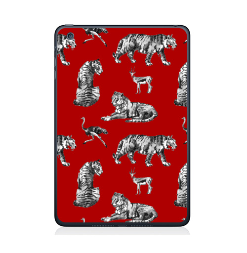 Наклейка на Планшет Apple iPad Mini 4 Тигры на красном,  купить в Москве – интернет-магазин Allskins, зверушки, африка, Саванна, антилопа, дикая, природа, фауна, хищник, добыча