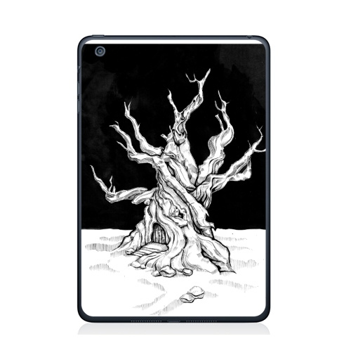 Наклейка на Планшет Apple iPad Mini 4 Старое дерево с дверью и ветками черно-белое,  купить в Москве – интернет-магазин Allskins, лес, ветка, черно-белое, графика, гравюра, дверь, черный_фон
