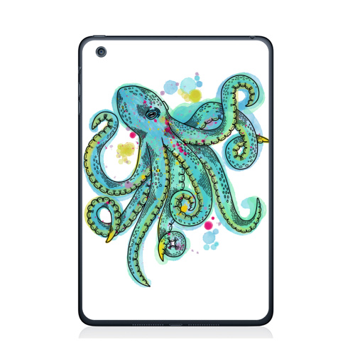 Наклейка на Планшет Apple iPad Mini 4 Бирюзовый осьминог,  купить в Москве – интернет-магазин Allskins, классика, осьминог, бирюзовый, графика, щупальца, морская