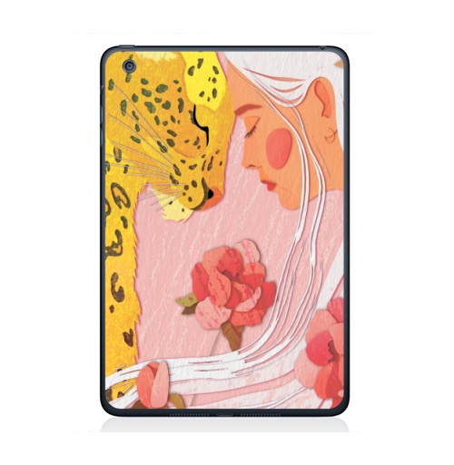 Наклейка на Планшет Apple iPad Mini 4 Девушка с леопардом,  купить в Москве – интернет-магазин Allskins, философские, нежно, авторскийрисунок, девушка, розовый, желтый, леопард, дикоеживотное, портреты, белокурая, блондинка, цветы