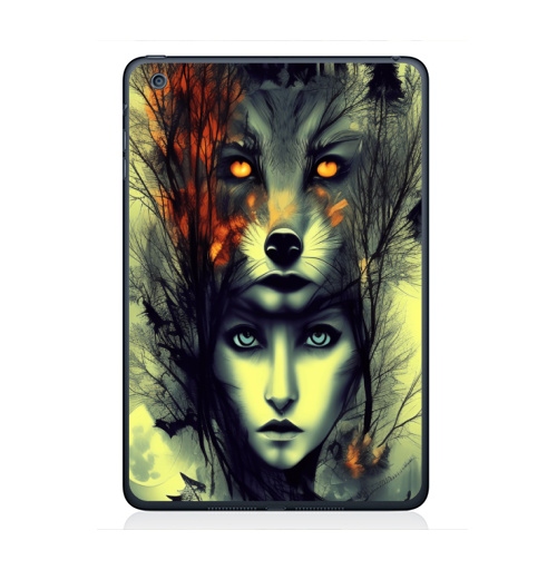 Наклейка на Планшет Apple iPad Mini 4 Ночные фантазии охотника.,  купить в Москве – интернет-магазин Allskins, сюрреализм, фэнтези, охота, девушка, волк, лесной, дикий, луна, огонь, читатель, психоделика, дизайнерский, модный, стильно, черный, желтый