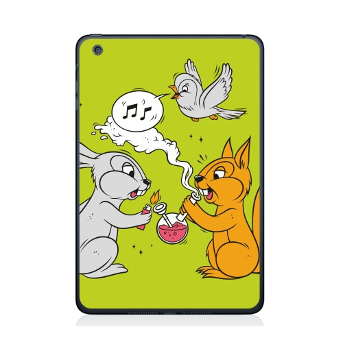 Наклейка на Планшет Apple iPad Mini 4 Funny friends,  купить в Москве – интернет-магазин Allskins, заяц, белка, дружба, дым, кальян, ноты, птицы