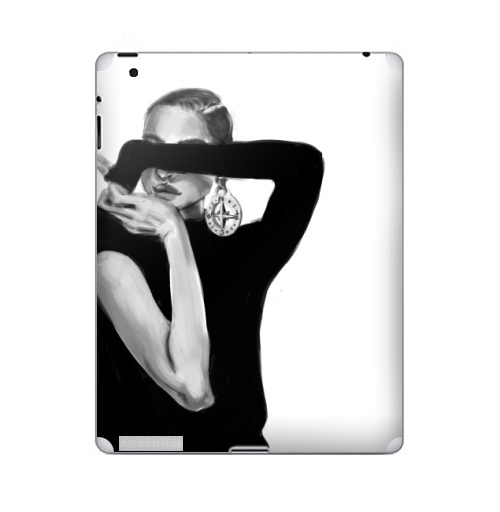 Наклейка на Планшет Apple iPad 4 Retina Девушка с сережкой,  купить в Москве – интернет-магазин Allskins, девушка, модели, черно-белое, сережка, компас, мода