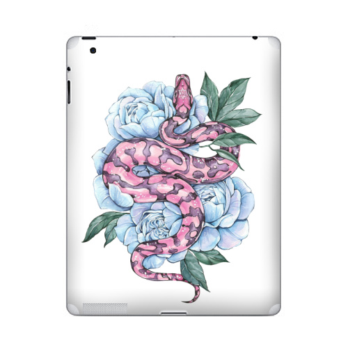 Наклейка на Планшет Apple iPad 4 Retina Змея и голубые пионы,  купить в Москве – интернет-магазин Allskins, змея, татуировки, пион, цветы, ботаника, акварель, нежно, лес, розовый, голубой, дерзкий, летний, зеленые, рептилии