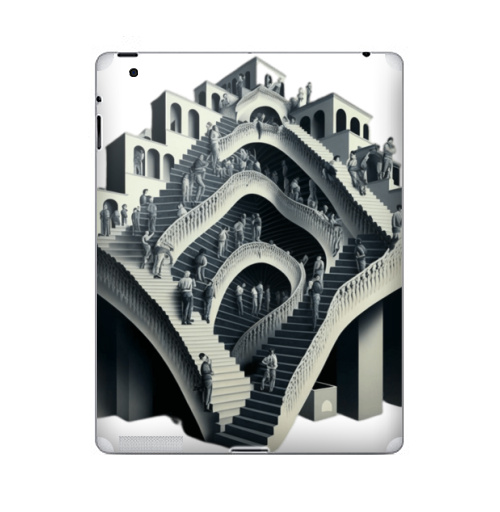 Наклейка на Планшет Apple iPad 4 Retina Трэш Тор МАК Эшер оптическая иллюзия много лестниц люди идут кто куда,  купить в Москве – интернет-магазин Allskins, сюрреализм, оптическая, иллюзия, лестница, читатель, мусор