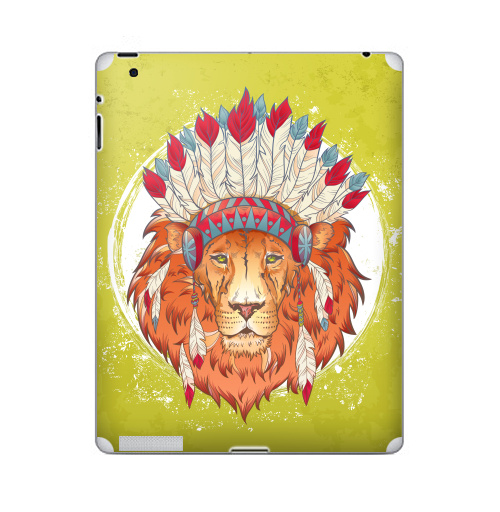 Наклейка на Планшет Apple iPad 4 Retina ВОЖДЬ ЗВЕРЕЙ,  купить в Москве – интернет-магазин Allskins, индеец, животные, лев, иллюстация, перья