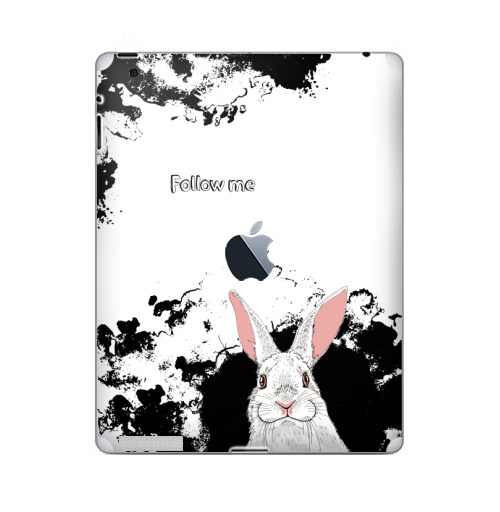 Наклейка на Планшет Apple iPad 4 Retina c яблоком Следуй за белым кроликом,  купить в Москве – интернет-магазин Allskins, надписи на английском, заяц, белый, графика, надписи, черный, черно-белое, кролики, животные, зима