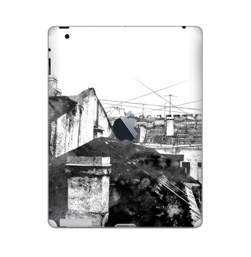 Наклейка на Планшет Apple iPad 4 Retina c яблоком Туманный город,  купить в Москве – интернет-магазин Allskins, черно-белое, город, городскойстиль, серый, сером, графика, Питер