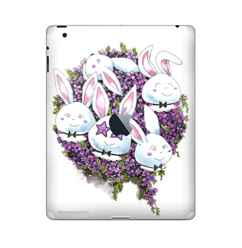 Наклейка на Планшет Apple iPad 4 Retina c яблоком Позитивные зайчики,  купить в Москве – интернет-магазин Allskins, милые животные, акварель, животные, прикольные_рисунки, цветы, букет, заяц, зайчонок, рокнролл, фиолетовый